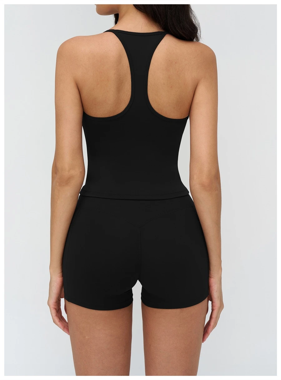 Women's racerback workout tank top highlighting open back design-black