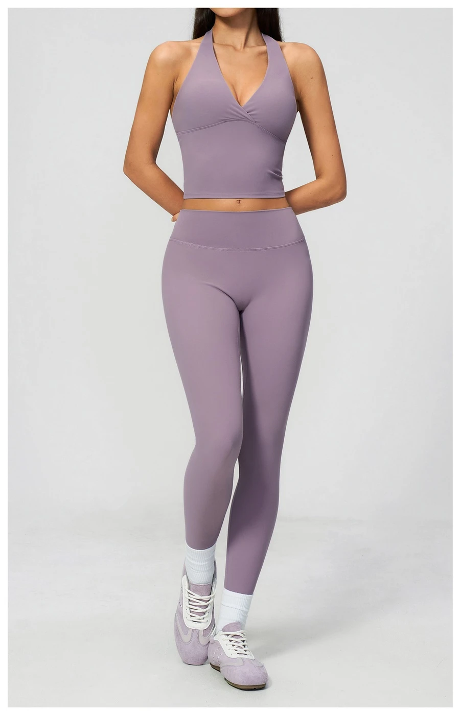 Women's seamless front workout leggings made from buttery soft nylon spandex fabric