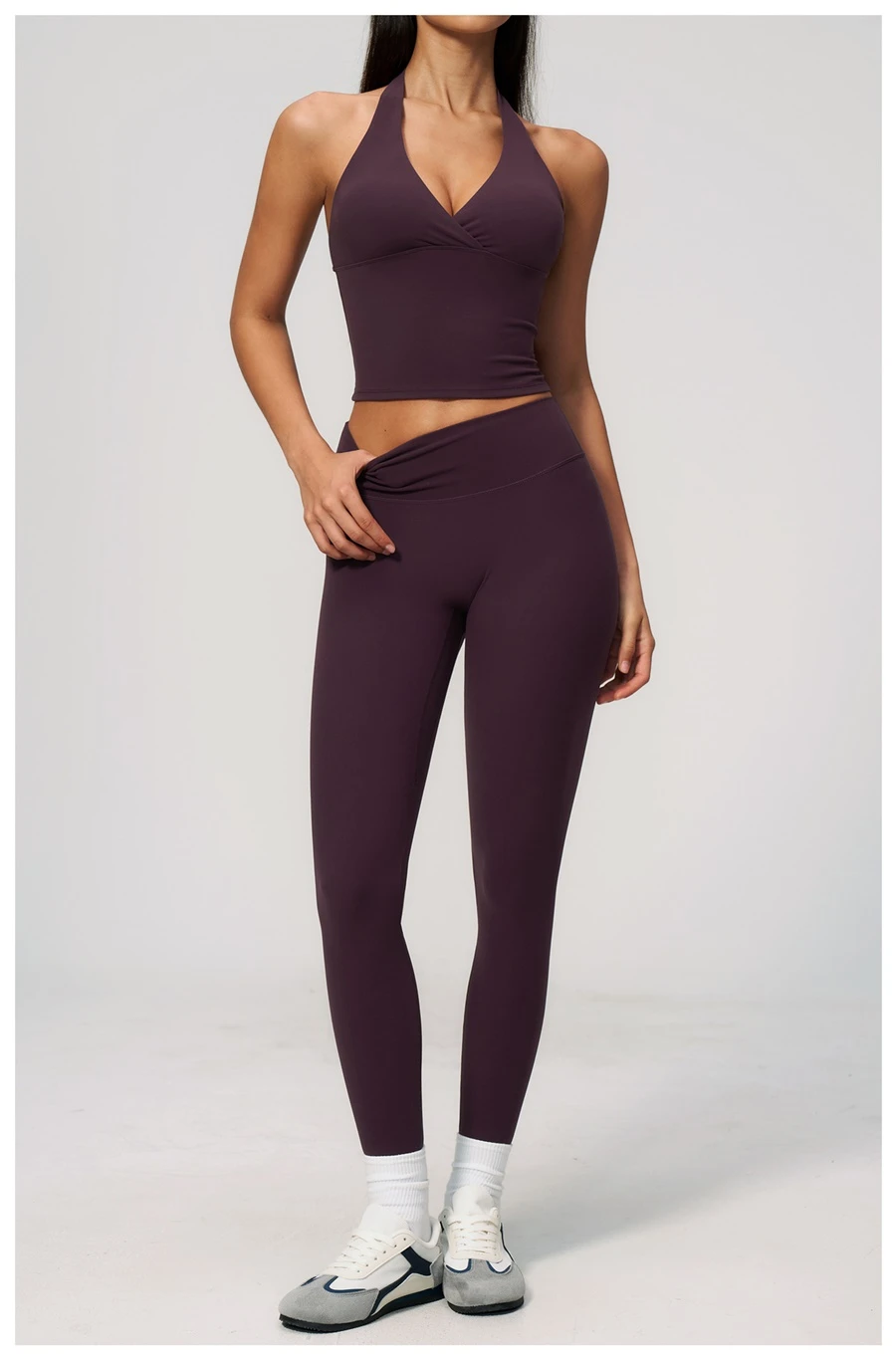 Women's seamless front workout leggings made from buttery soft nylon spandex fabric