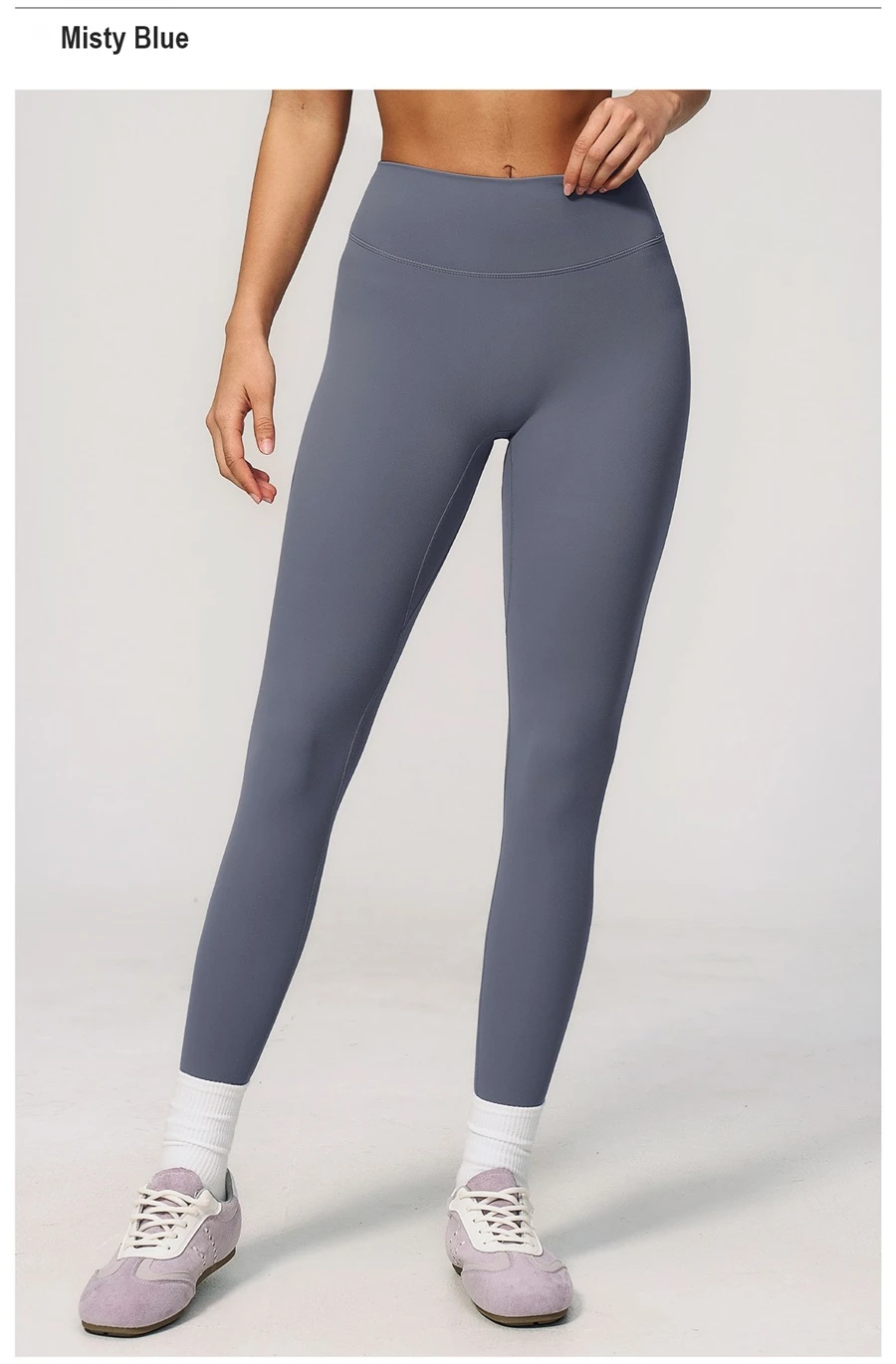 High waist tummy control yoga leggings with double layer waistband-misty blue