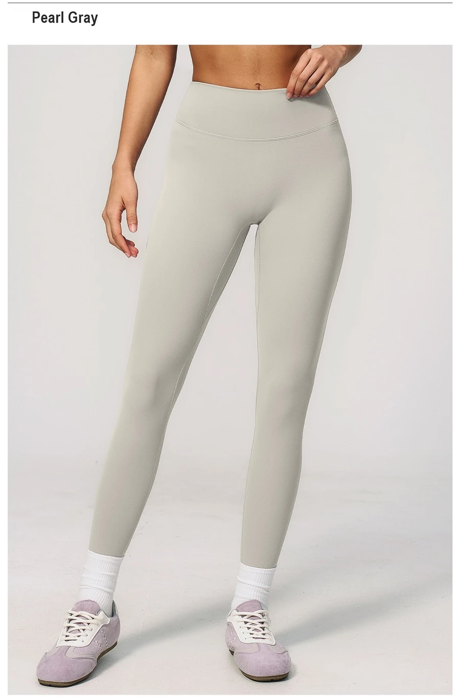 High waist tummy control yoga leggings with double layer waistband-pearl grey