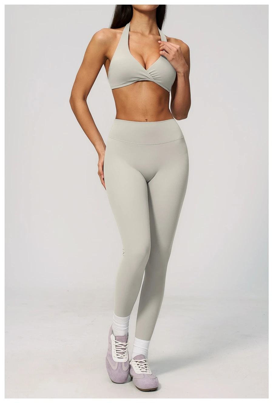 Women's seamless front workout leggings made from buttery soft nylon spandex fabric-pearl gray