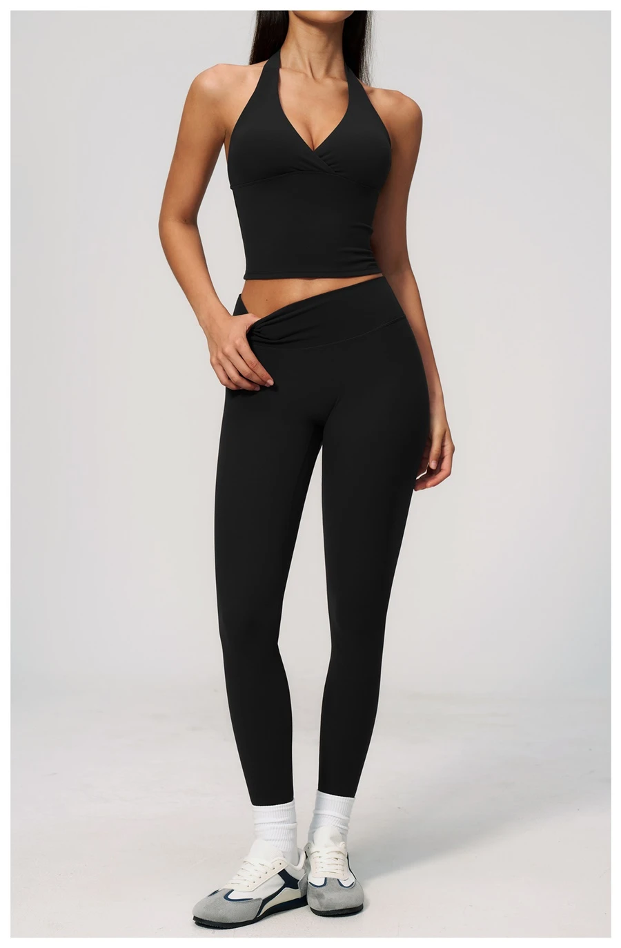 Women's seamless front workout leggings made from buttery soft nylon spandex fabric-black
