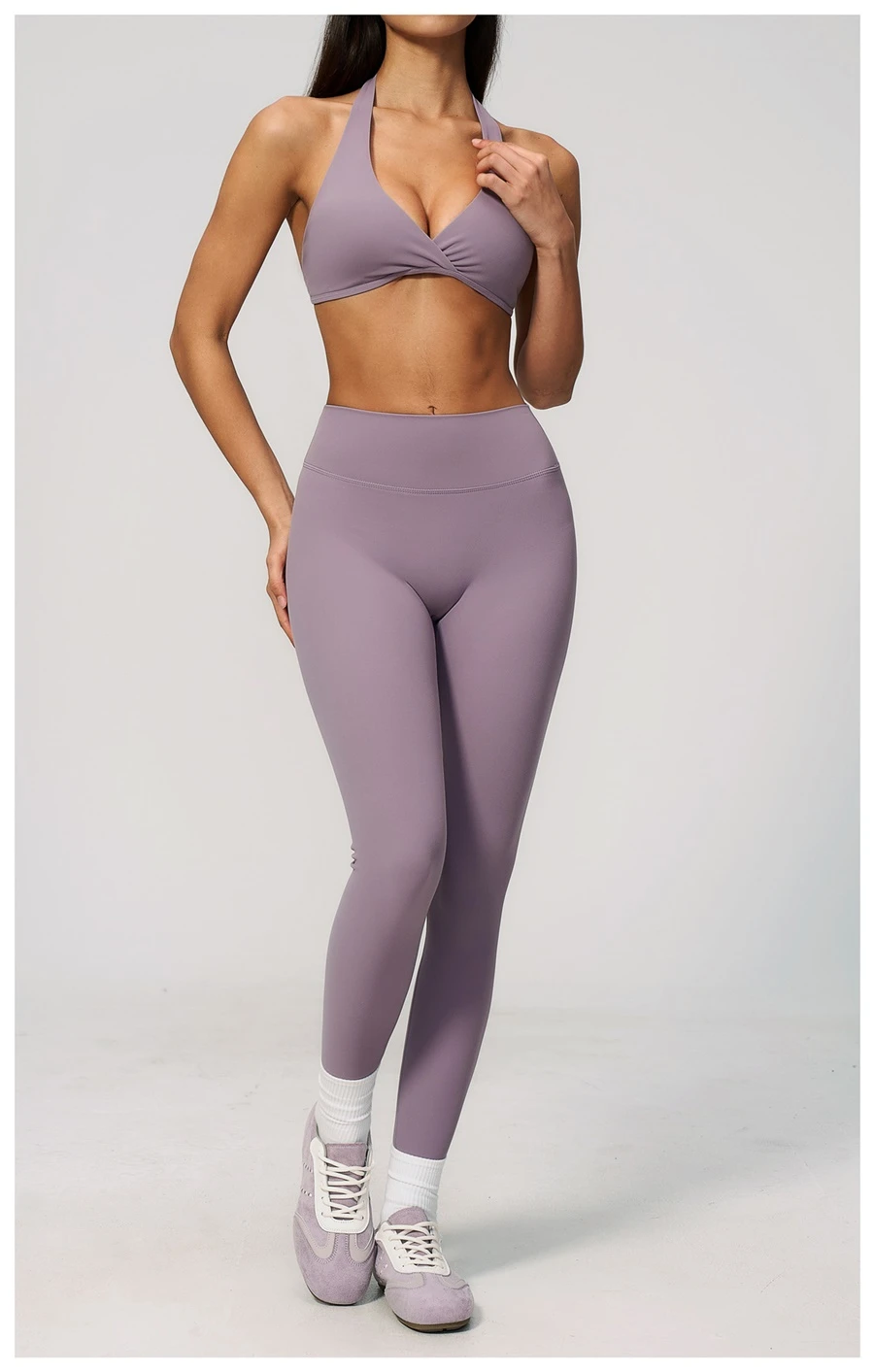 Women's seamless front workout leggings made from buttery soft nylon spandex fabric-lilac purple