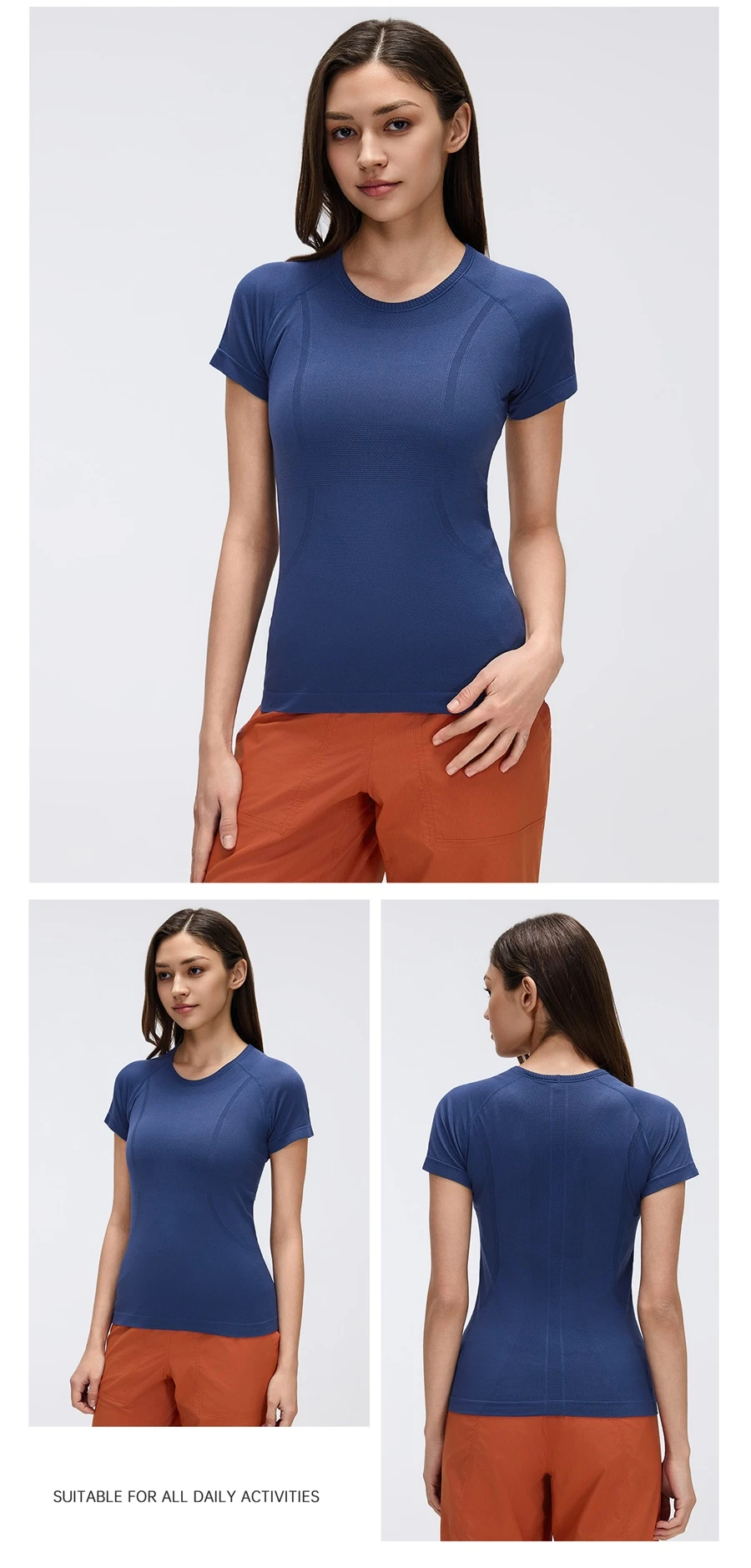 Women's slim fit seamless gym shirt with crew neck and stretch sleeves