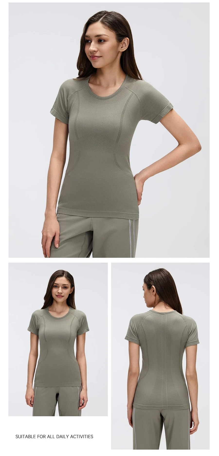 Women's slim fit seamless gym shirt with crew neck and stretch sleeves