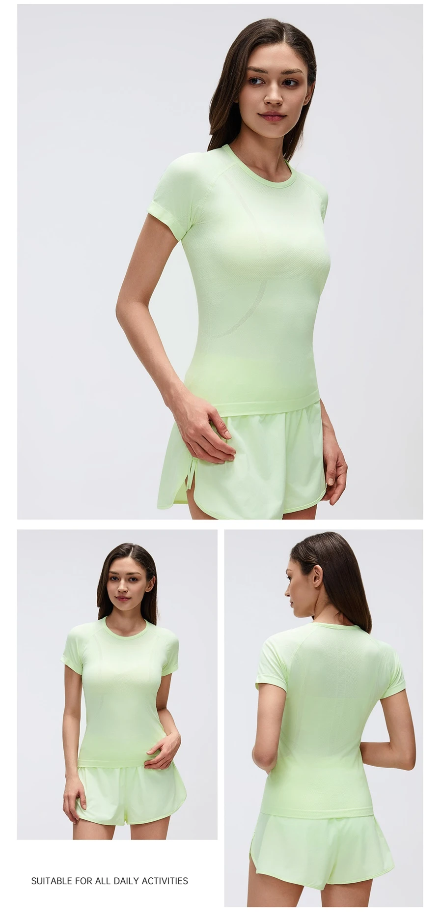 Women's slim fit seamless gym shirt with crew neck and stretch sleeves