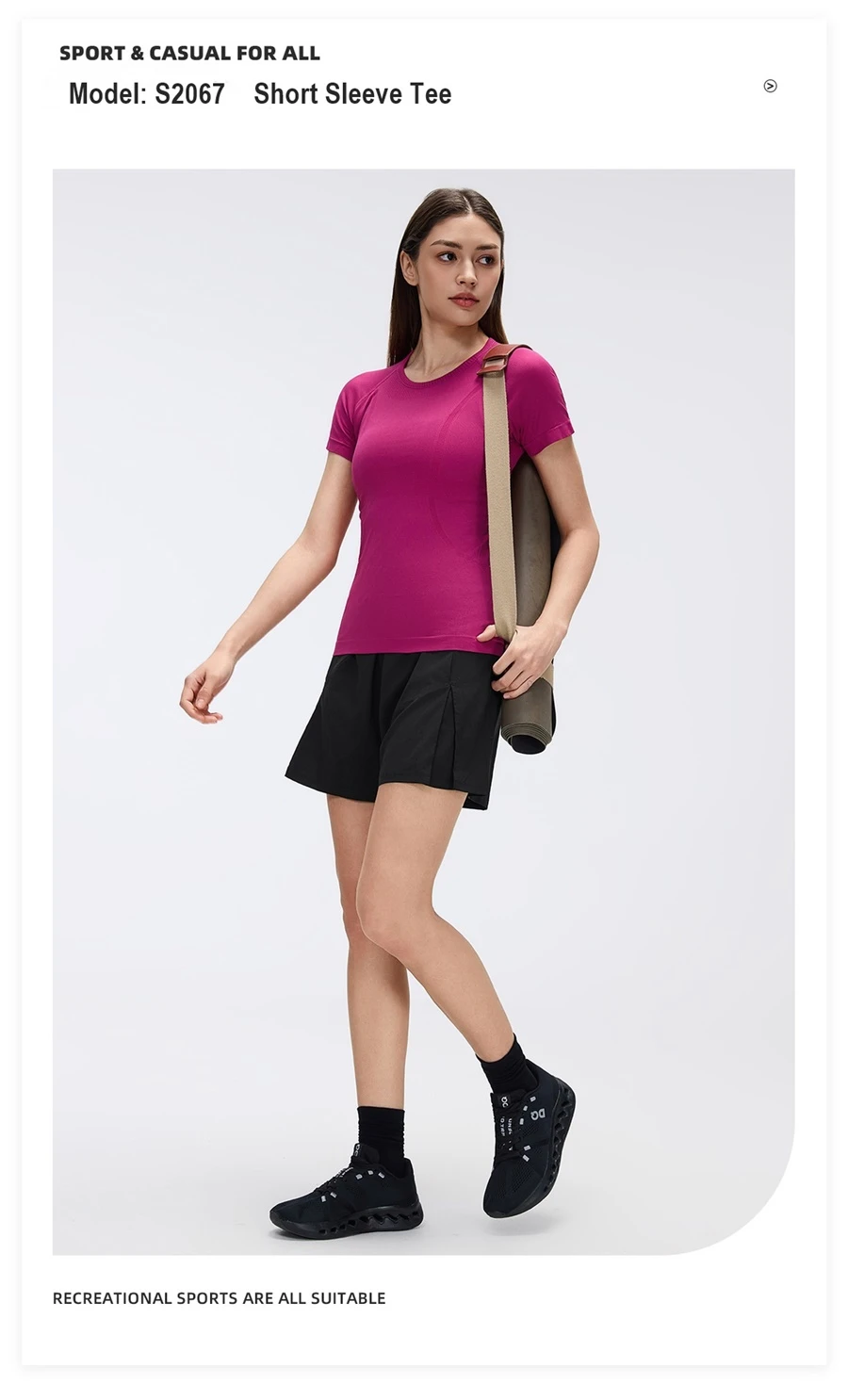 Women's slim fit seamless gym shirt with crew neck and stretch sleeves