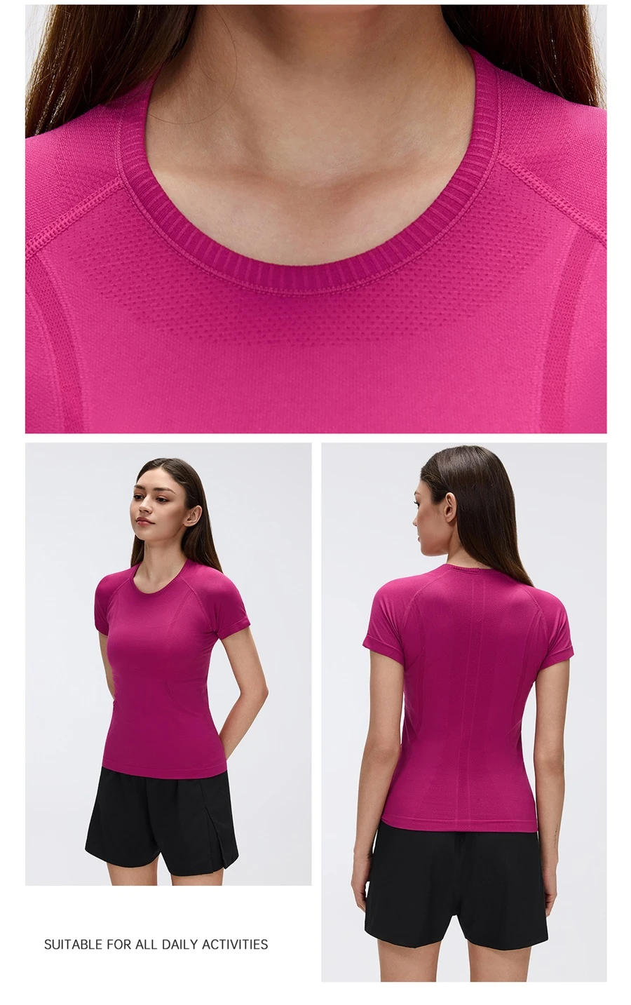 Women's slim fit seamless gym shirt with crew neck and stretch sleeves