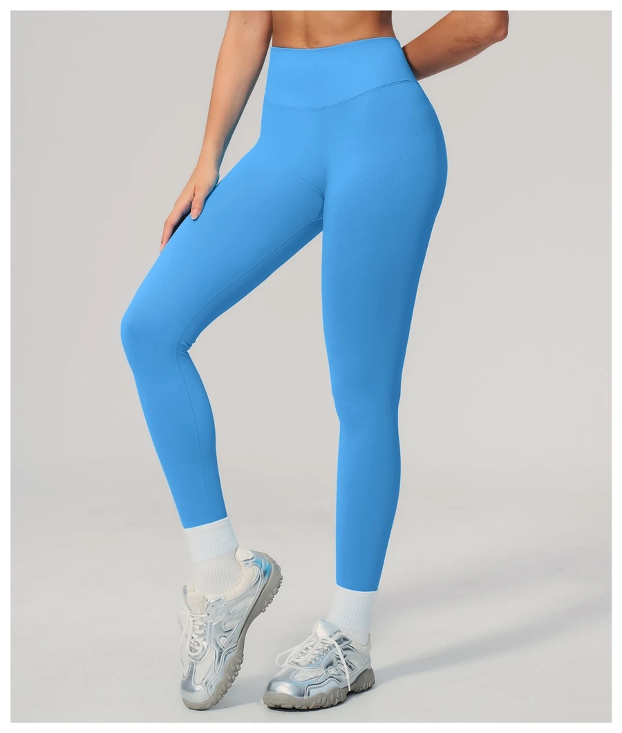 Women's seamless fitness leggings with ribbed glute-enhancing back design-lake blue