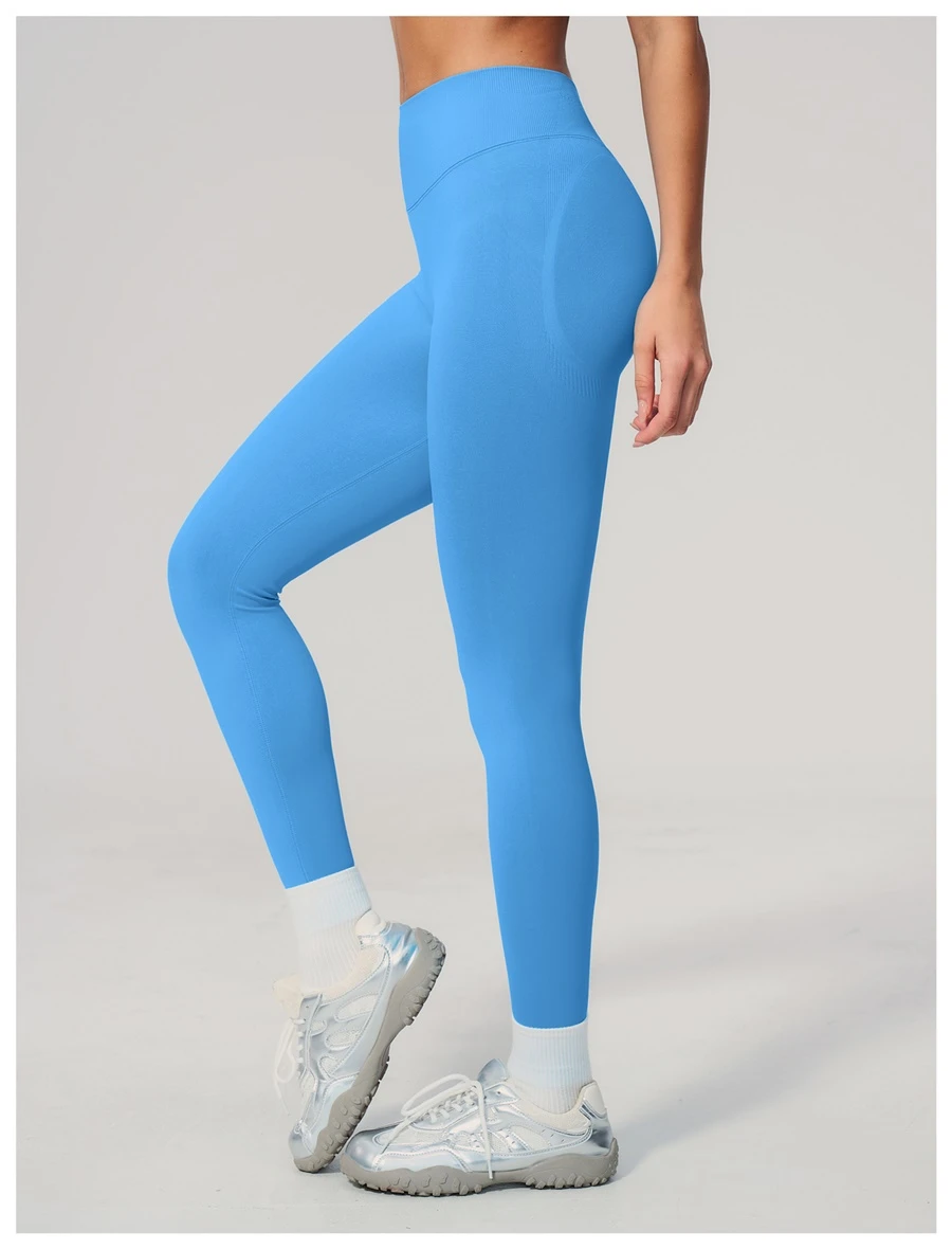 side view for High waist seamless workout leggings with supportive ribbed waistband-lake blue