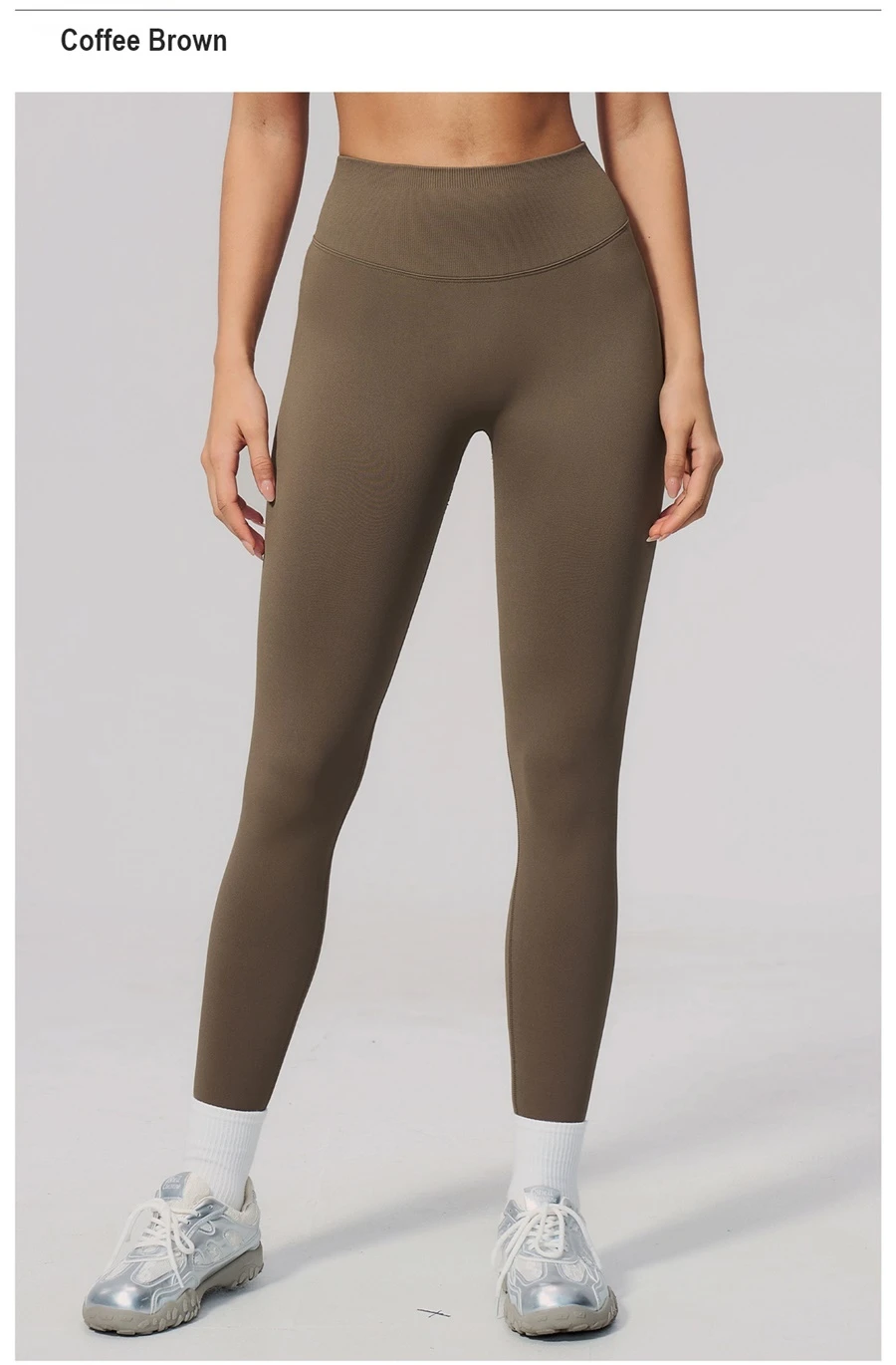 High waist seamless workout leggings with supportive ribbed waistband-coffee brown