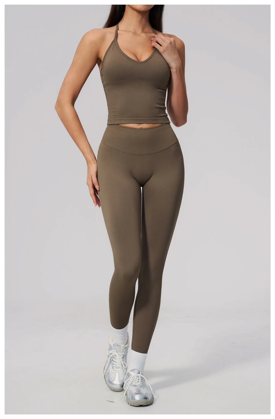 High waist seamless workout leggings with supportive ribbed waistband-coffee brown matching set