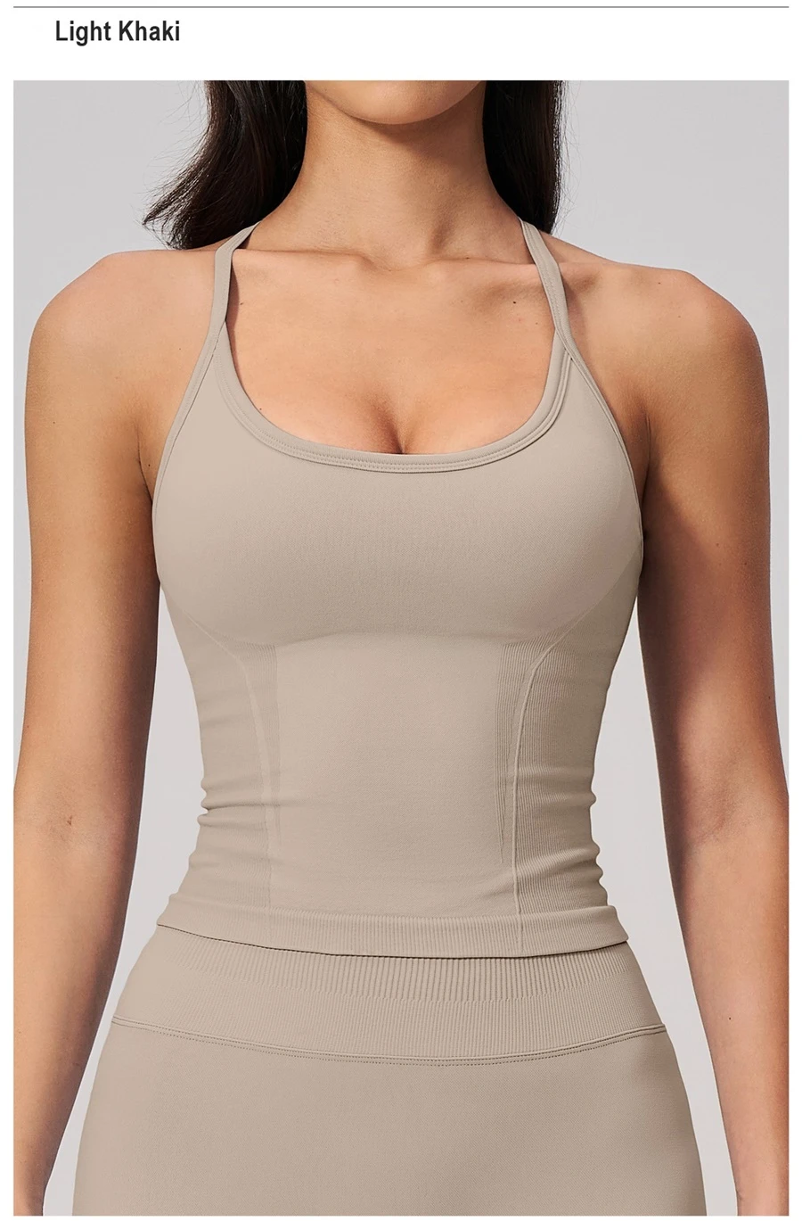 front view for Seamless Women's Workout Tank Top-light khaki