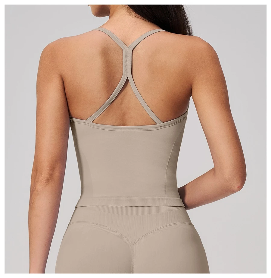 back view for Seamless Women's Workout Tank Top-light khaki