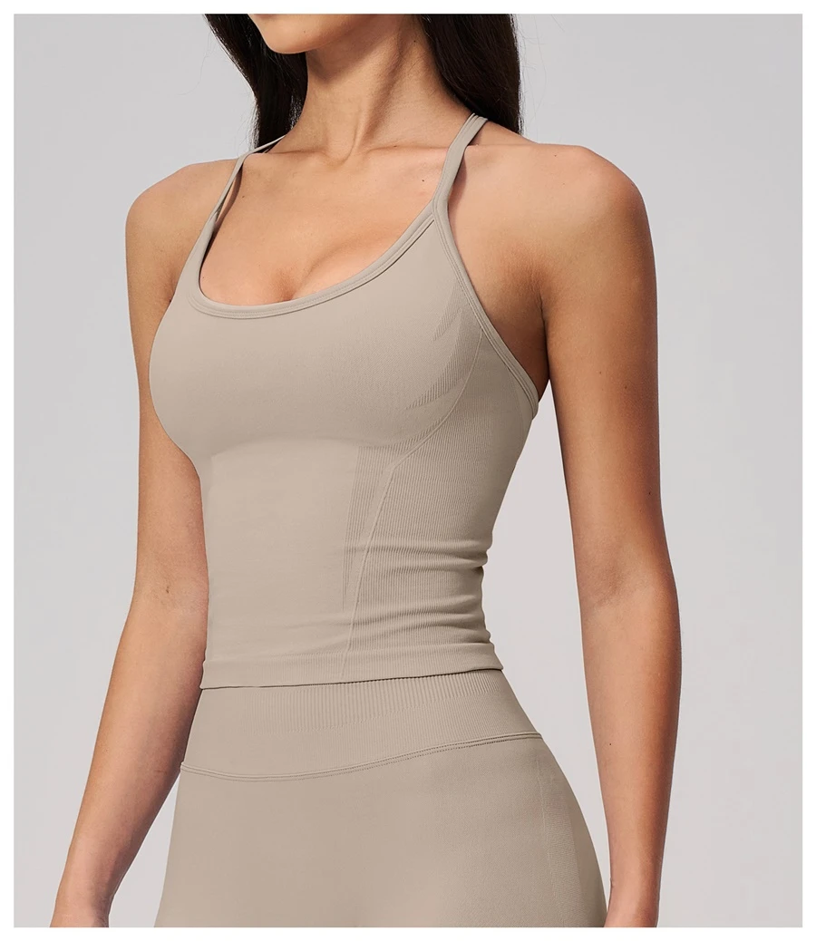 Women's fitted gym tank top with ribbed waist support structure-light khaki