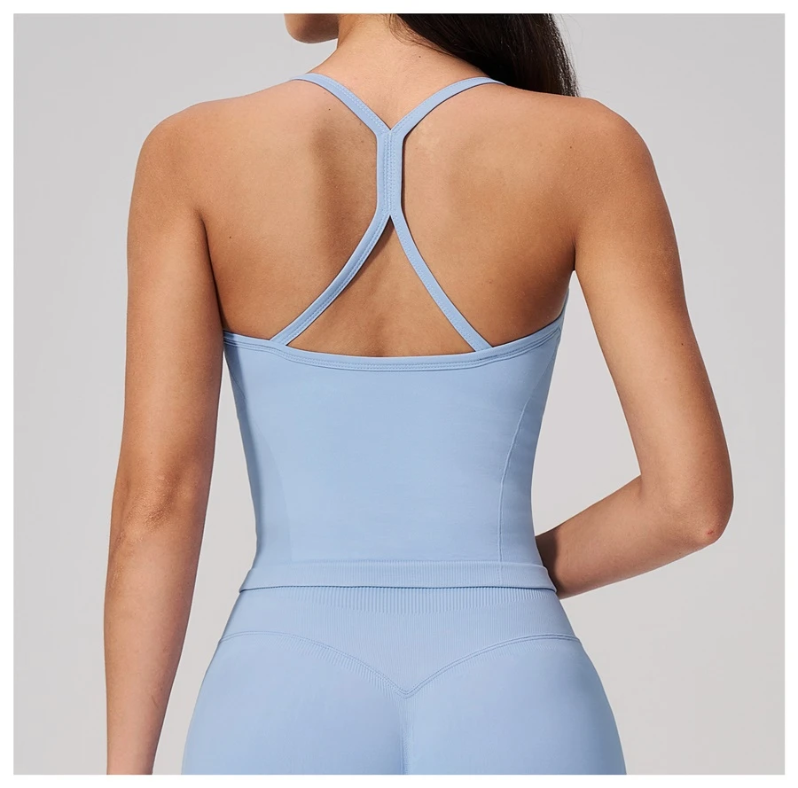 back view for Seamless Women's Workout Tank Top-light blue