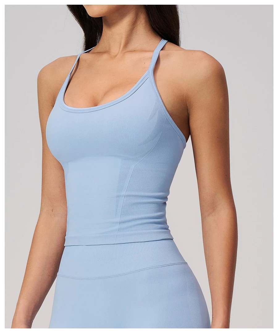 Women's fitted gym tank top with ribbed waist support structure-light blue