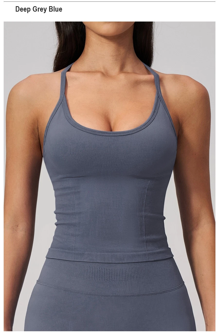 Women's fitted gym tank top with ribbed waist support structure-dark grey blue