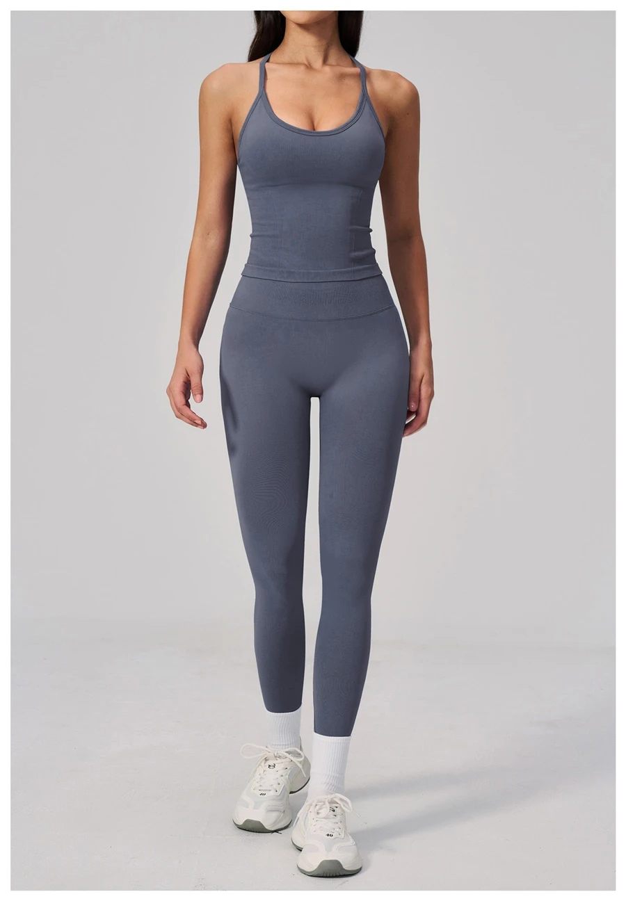 Seamless women's workout tank top with open back design for yoga and fitness-dark grey blue