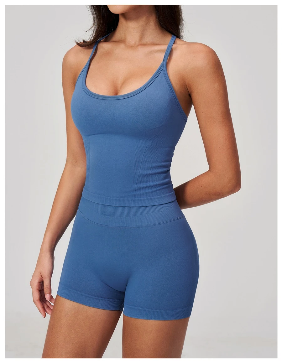 Women's fitted gym tank top with ribbed waist support structure-azure