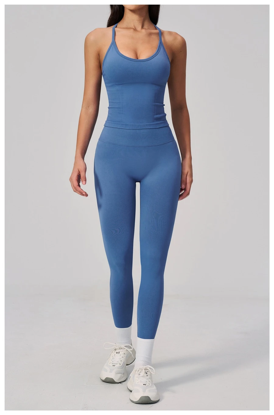 Seamless women's workout tank top with open back design for yoga and fitness-azure
