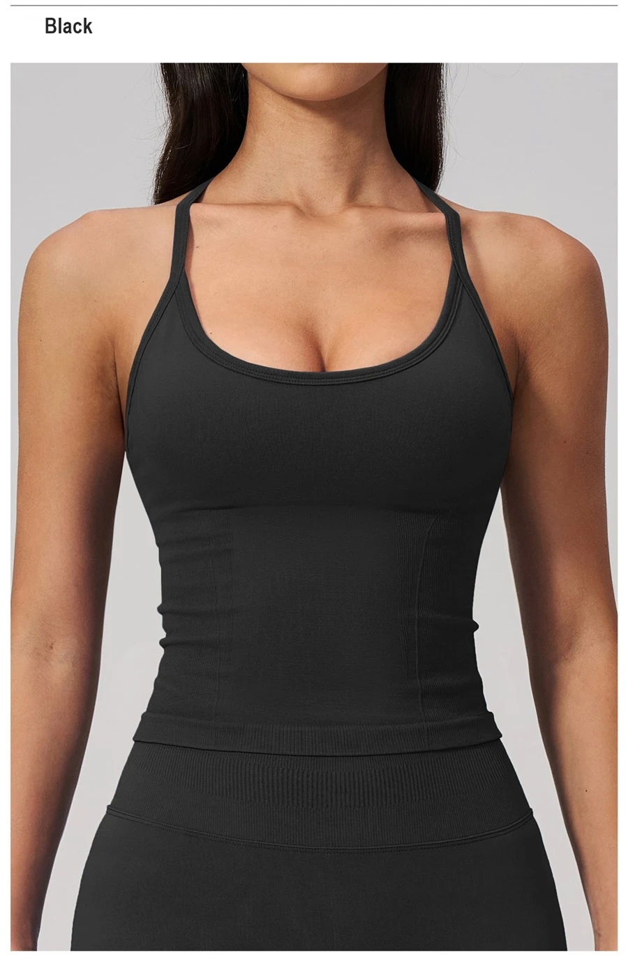 Women's fitted gym tank top with ribbed waist support structure-black