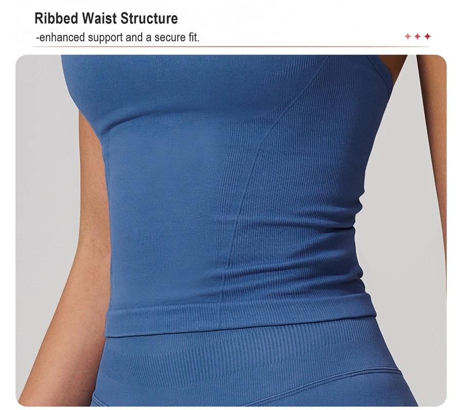 Women's fitted gym tank top with ribbed waist support structure