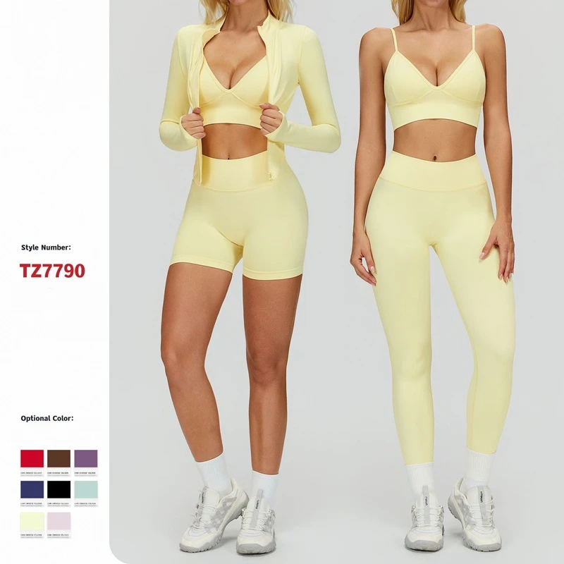 Women's seamless yoga set with sports bra, zip-up jacket, biker shorts, and leggings made from moisture-wicking four-way stretch fabric