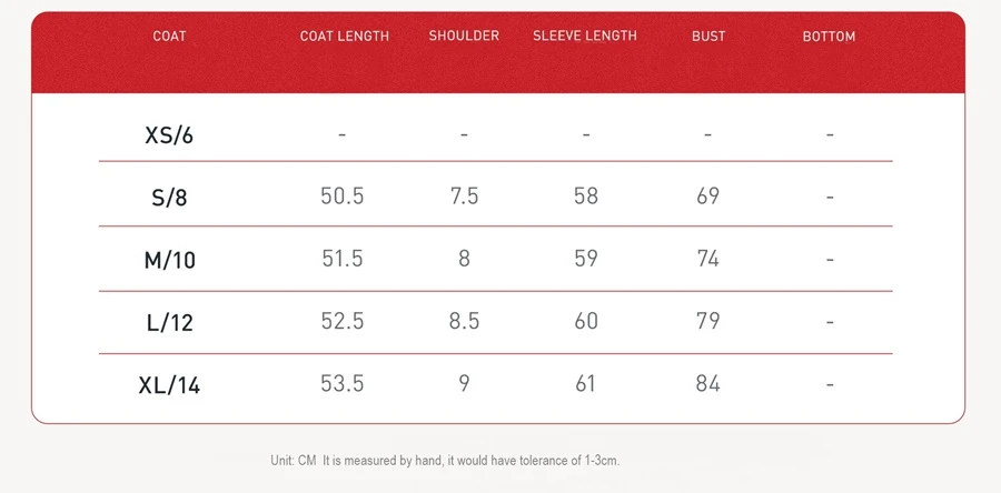 zip up jacket size chart