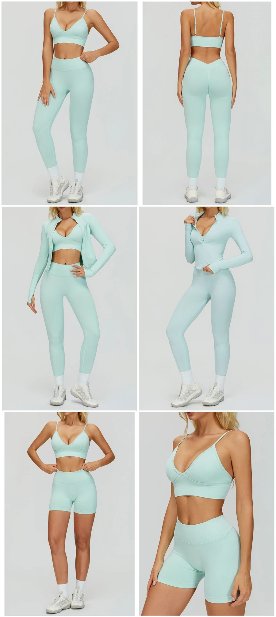Women's seamless yoga set with sports bra, zip-up jacket, biker shorts, and leggings made from moisture-wicking four-way stretch fabric-mint green color