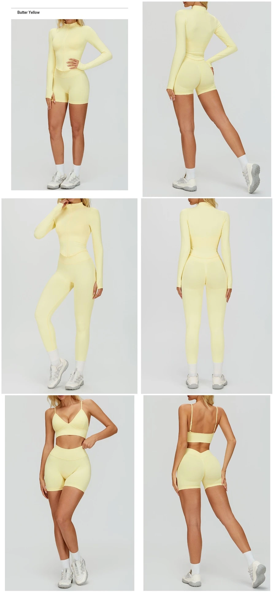 Women's seamless yoga set with sports bra, zip-up jacket, biker shorts, and leggings made from moisture-wicking four-way stretch fabric-yellow