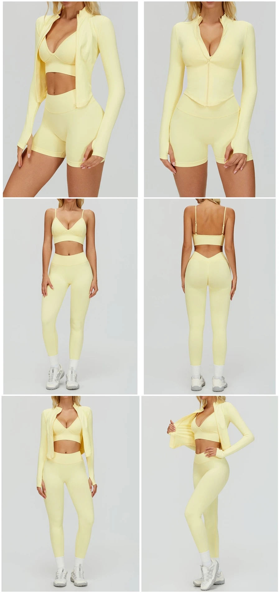 Women's seamless yoga set with sports bra, zip-up jacket, biker shorts, and leggings made from moisture-wicking four-way stretch fabric-yellow color