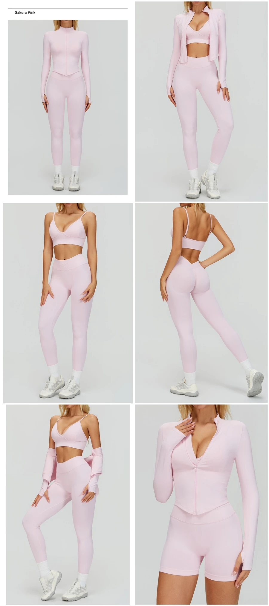 Women's seamless yoga set with sports bra, zip-up jacket, biker shorts, and leggings made from moisture-wicking four-way stretch fabric-pink color