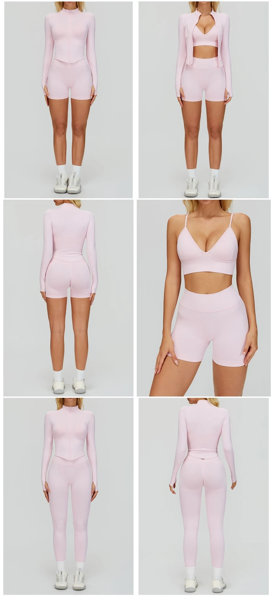 Women's seamless yoga set with sports bra, zip-up jacket, biker shorts, and leggings made from moisture-wicking four-way stretch fabric-pink color