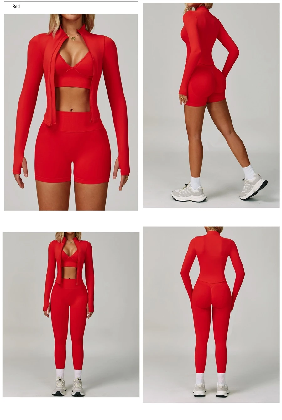 Women's seamless yoga set with sports bra, zip-up jacket, biker shorts, and leggings made from moisture-wicking four-way stretch fabric-red