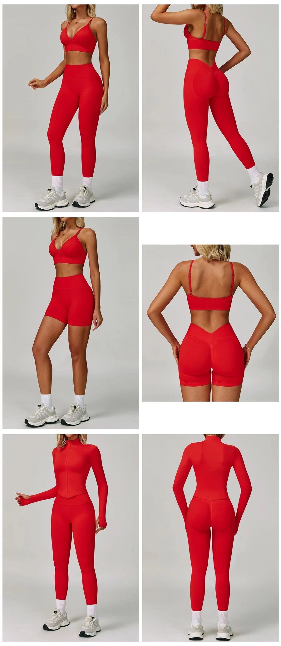 Women's seamless yoga set with sports bra, zip-up jacket, biker shorts, and leggings made from moisture-wicking four-way stretch fabric-red