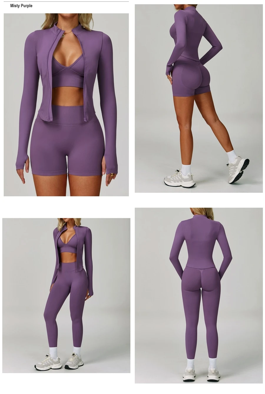 Women's seamless yoga set with sports bra, zip-up jacket, biker shorts, and leggings made from moisture-wicking four-way stretch fabric-purple