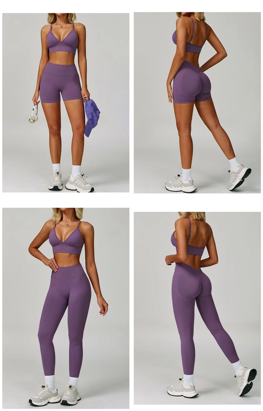 Women's seamless yoga set with sports bra, zip-up jacket, biker shorts, and leggings made from moisture-wicking four-way stretch fabric-purple