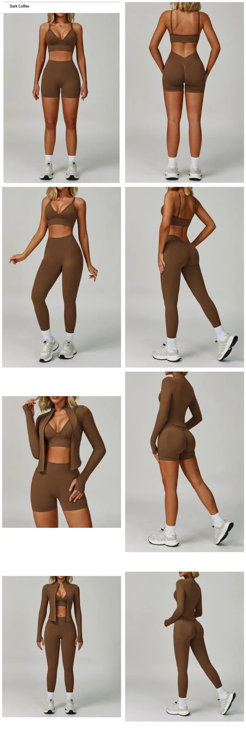 Women's seamless yoga set with sports bra, zip-up jacket, biker shorts, and leggings made from moisture-wicking four-way stretch fabric-coffee