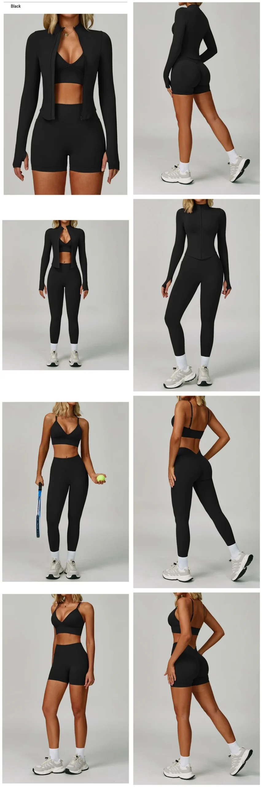 Women's seamless yoga set with sports bra, zip-up jacket, biker shorts, and leggings made from moisture-wicking four-way stretch fabric-black