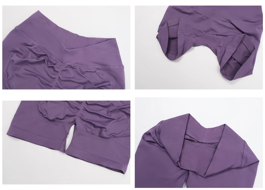 Women's seamless yoga set with sports bra, zip-up jacket, biker shorts, and leggings made from moisture-wicking four-way stretch fabric-actual close up-shorts and leggings