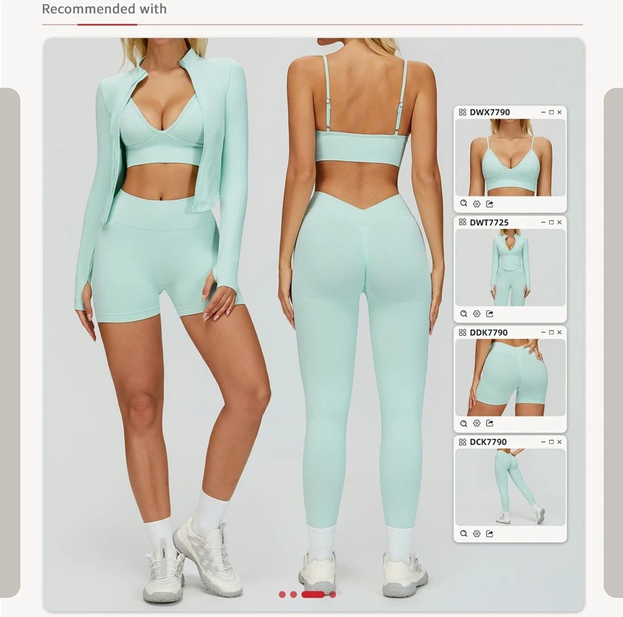 Women's seamless yoga set with sports bra, zip-up jacket, biker shorts, and leggings