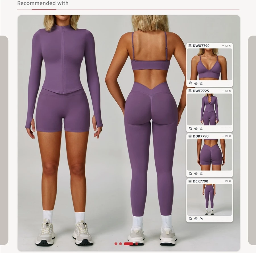 Women's seamless yoga set with sports bra, zip-up jacket, biker shorts, and leggings made from moisture-wicking fabric