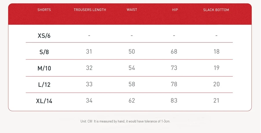 seamless shorts size chart
