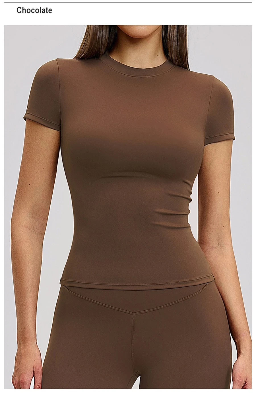 Women’s quick-dry yoga short sleeve tee in brushed nylon-spandex, slim-fit activewear top with classic crew neck and extended hem-brown front view
