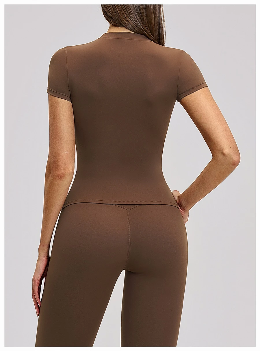 Women’s quick-dry yoga short sleeve tee in brushed nylon-spandex, slim-fit activewear top with classic crew neck and extended hem-brown-back view