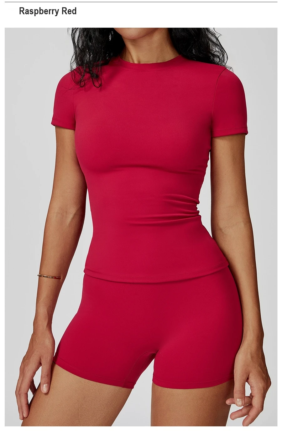 Women’s quick-dry yoga short sleeve tee in brushed nylon-spandex, slim-fit activewear top with classic crew neck and extended hem-red