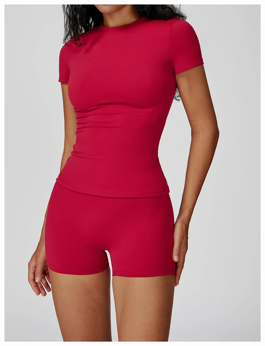 Women’s quick-dry yoga short sleeve tee in brushed nylon-spandex, slim-fit activewear top with classic crew neck and extended hem-red