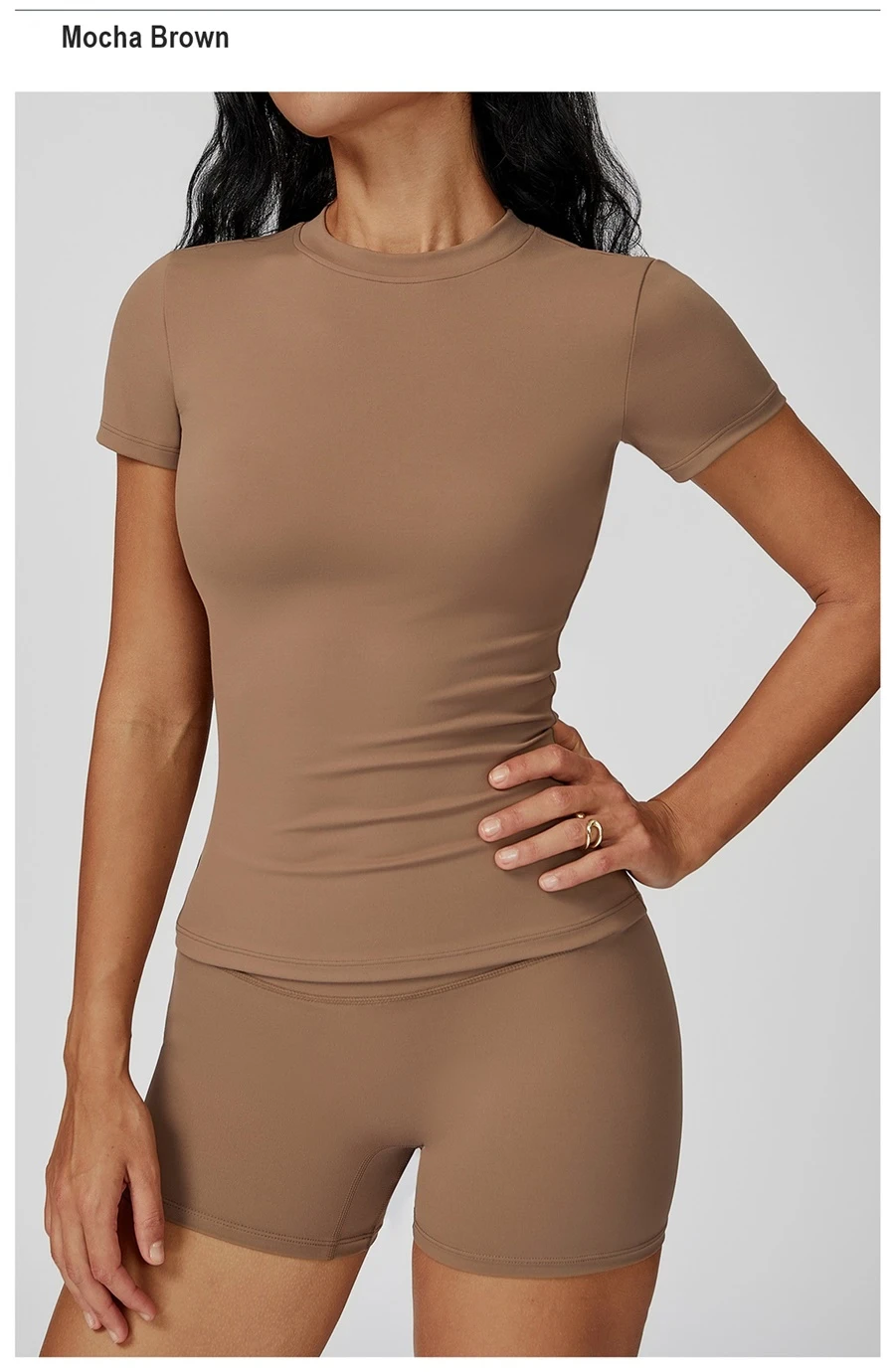 Women’s quick-dry yoga short sleeve tee in brushed nylon-spandex, slim-fit activewear top with classic crew neck and extended hem-mocha brown